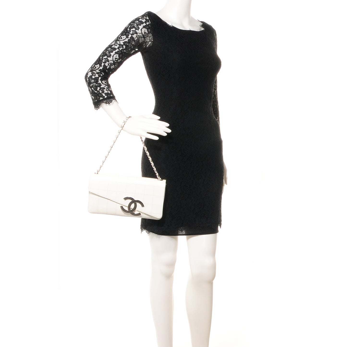 Patent Square Stitched CC Flap Clutch White
