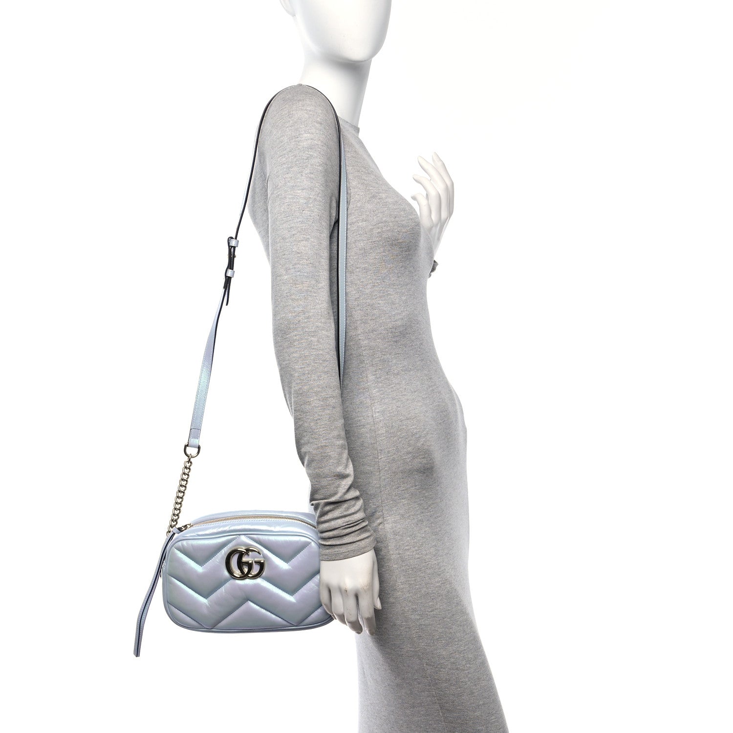 Gucci Iridescent Nappa Chevron Matelasse Small GG Marmont Chain Shoulder Bag Iridescent Snow Light Blue 2 of 9
