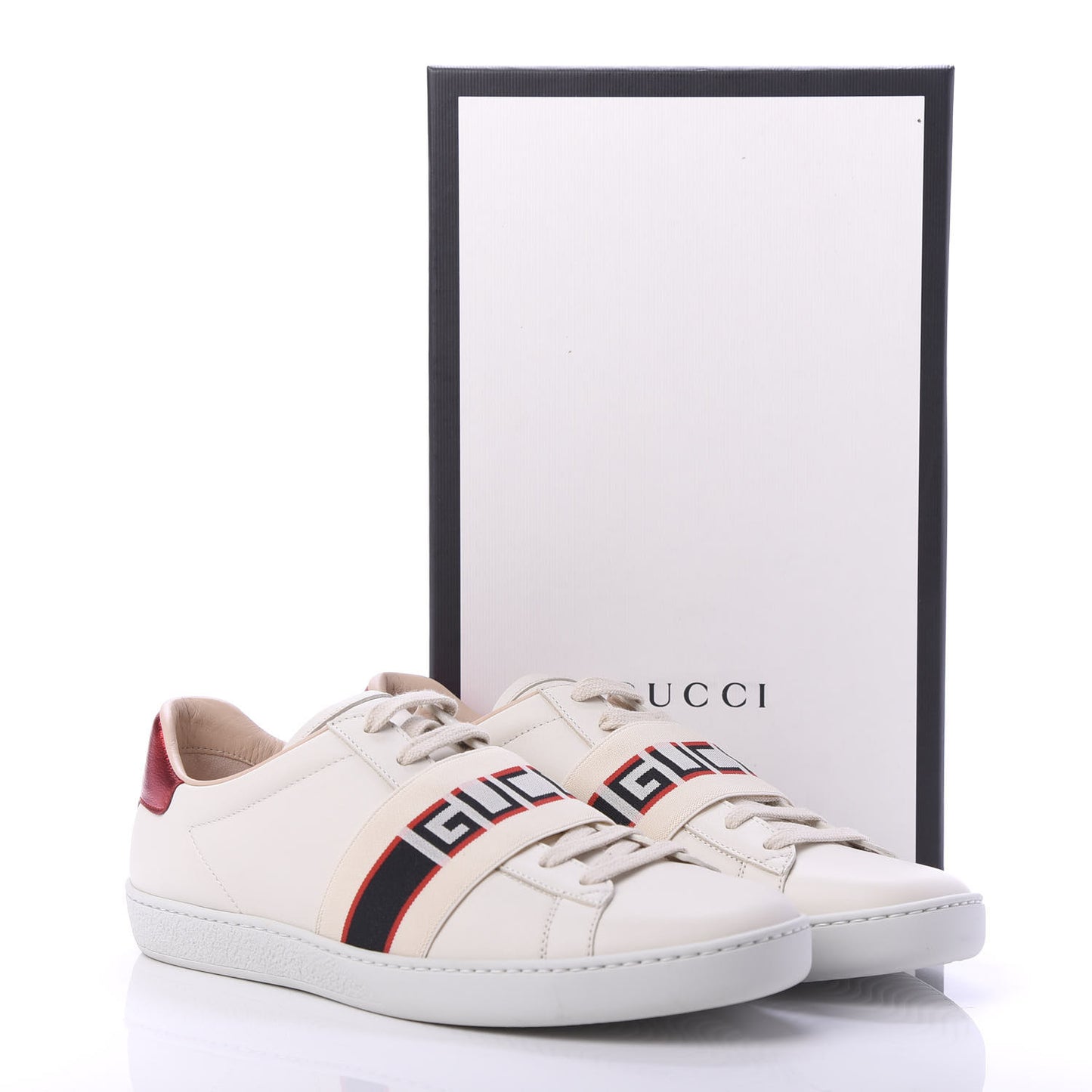Calfskin Stripe Womens New Ace Sneakers 38.5 New Mystic White Ecru Red Flame