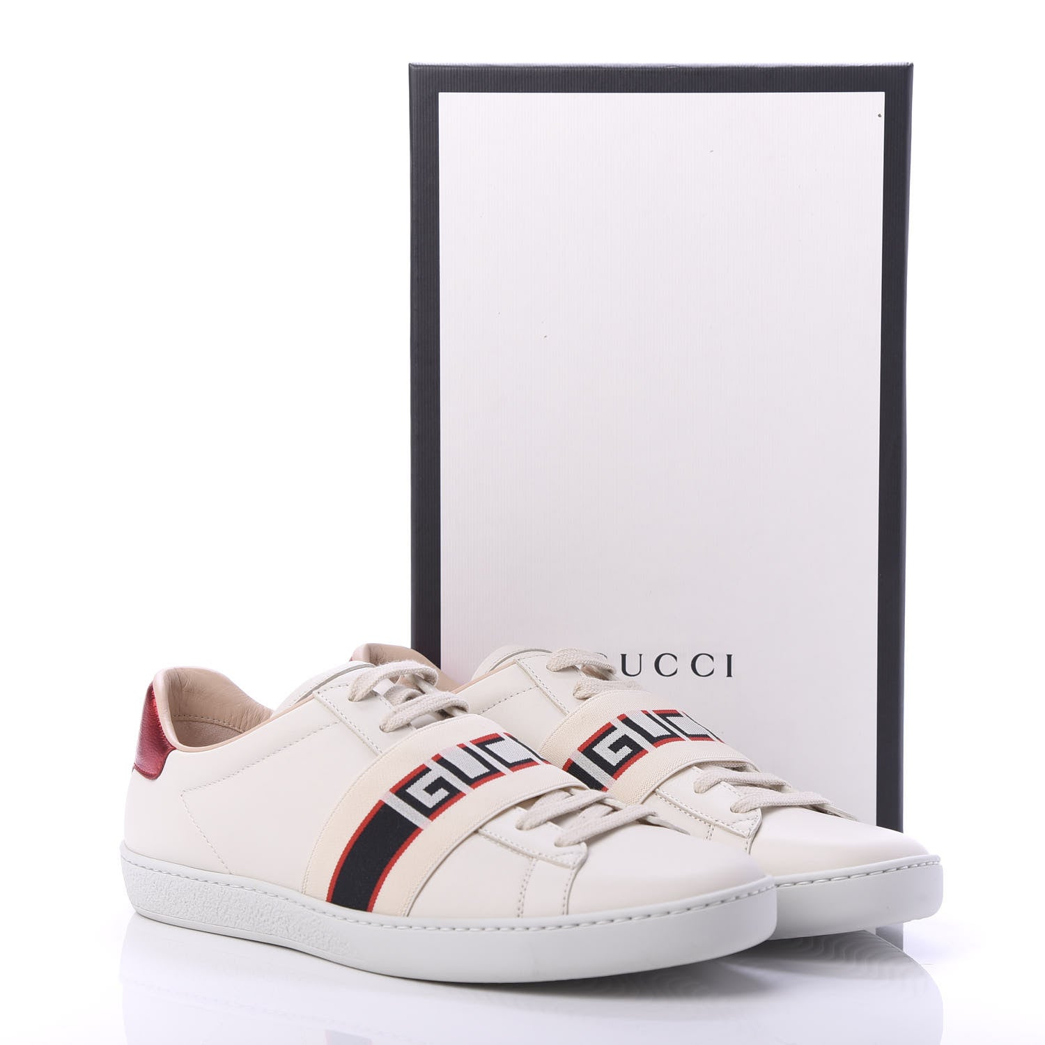 Gucci Calfskin Stripe Womens New Ace Sneakers 38.5 New Mystic White Ecru Red Flame 9 of 9