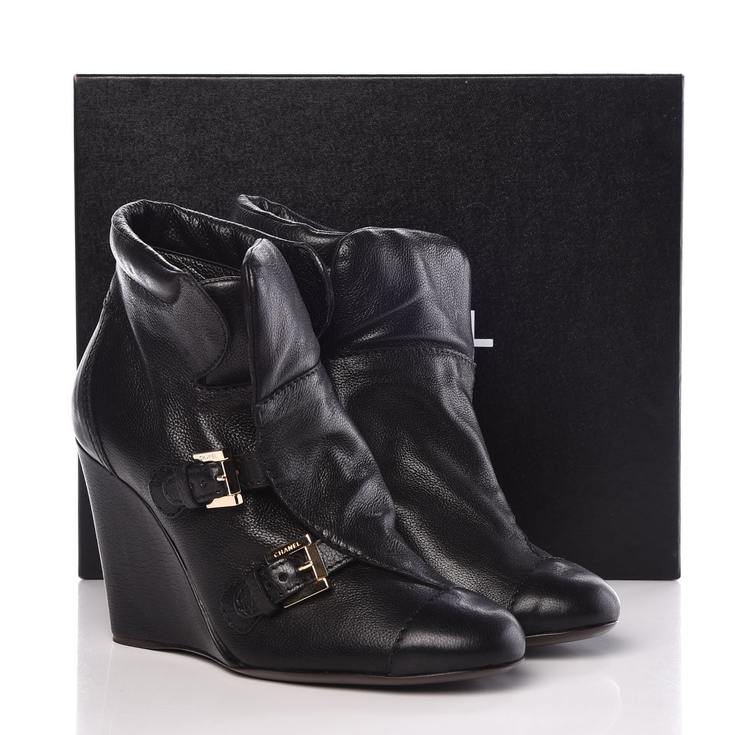 Calfskin Ankle Wedge Boots 38.5 Black