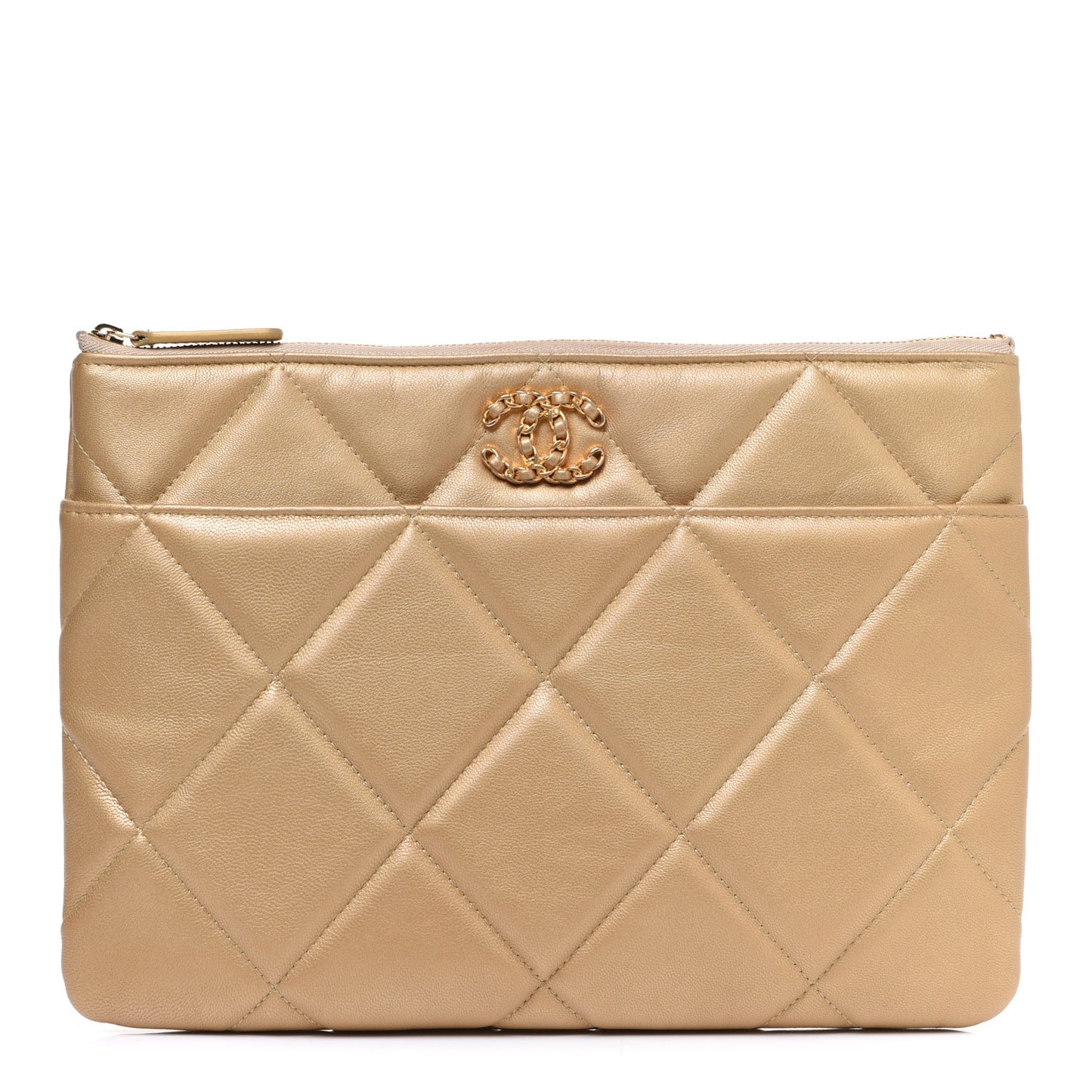 Metallic Lambskin Quilted Chanel 19 Pouch Gold