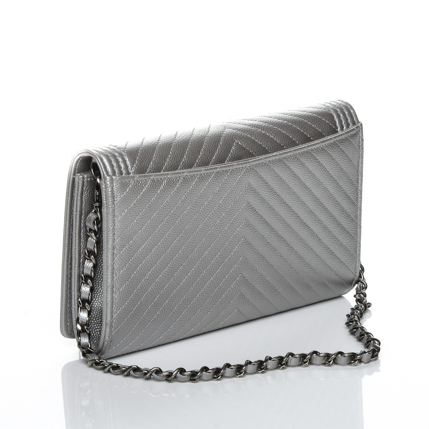 Metallic Caviar Chevron Quilted Boy Wallet On Removable Chain WOC Silver