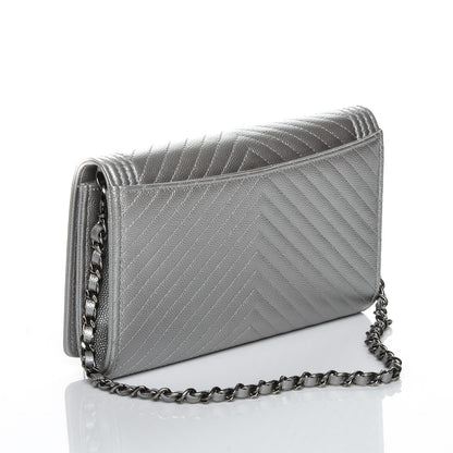 Chanel Metallic Caviar Chevron Quilted Boy Wallet On Removable Chain WOC Silver 3 of 9