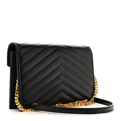 Saint Laurent Grain De Poudre Matelasse Chevron Monogram Envelope Chain Wallet Black 3 of 14