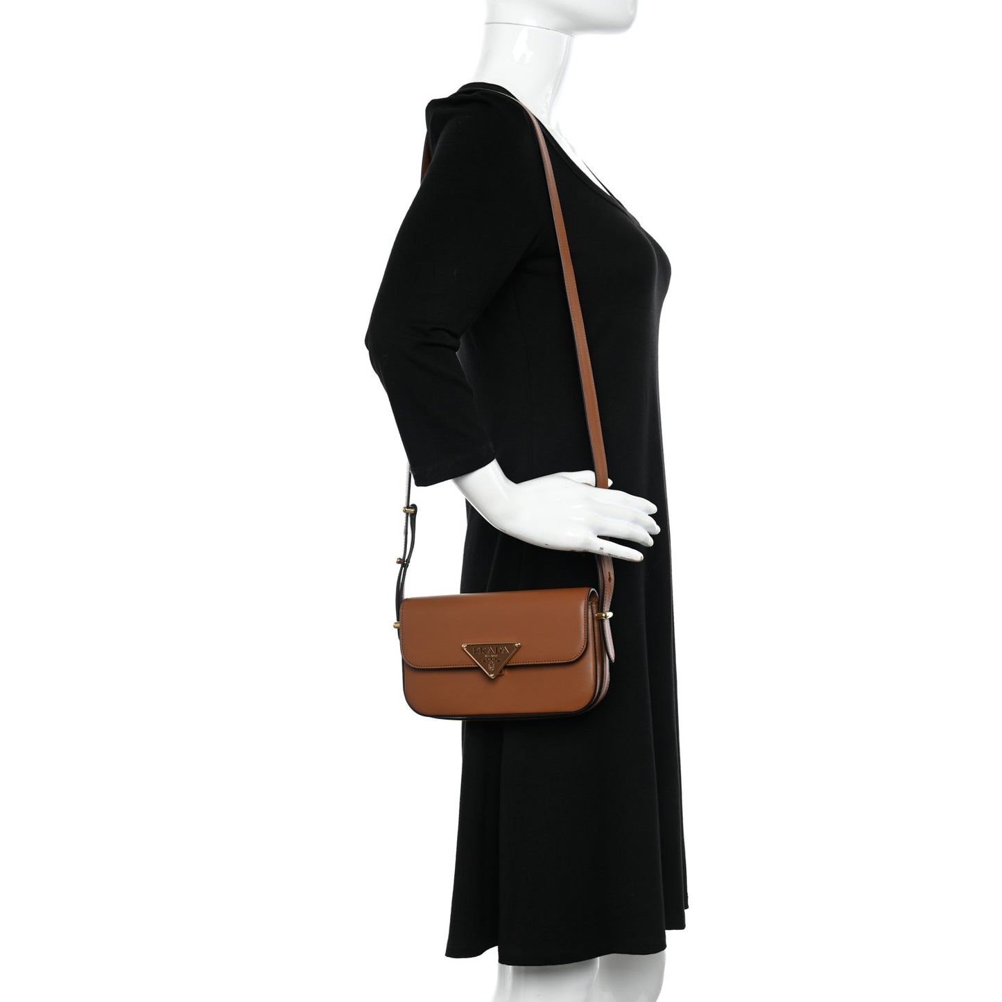 Soft Calfskin Metal Triangle Logo Flap Shoulder Bag Cognac