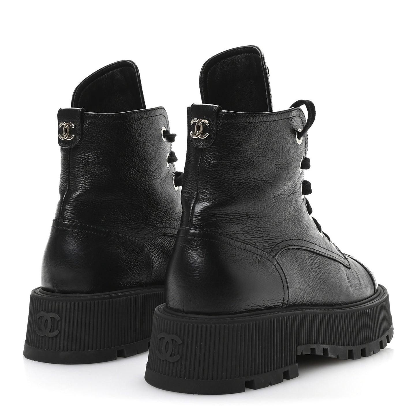 Grained Calfskin Shiny Calfskin CC Lace Up Combat Boots 39 Black