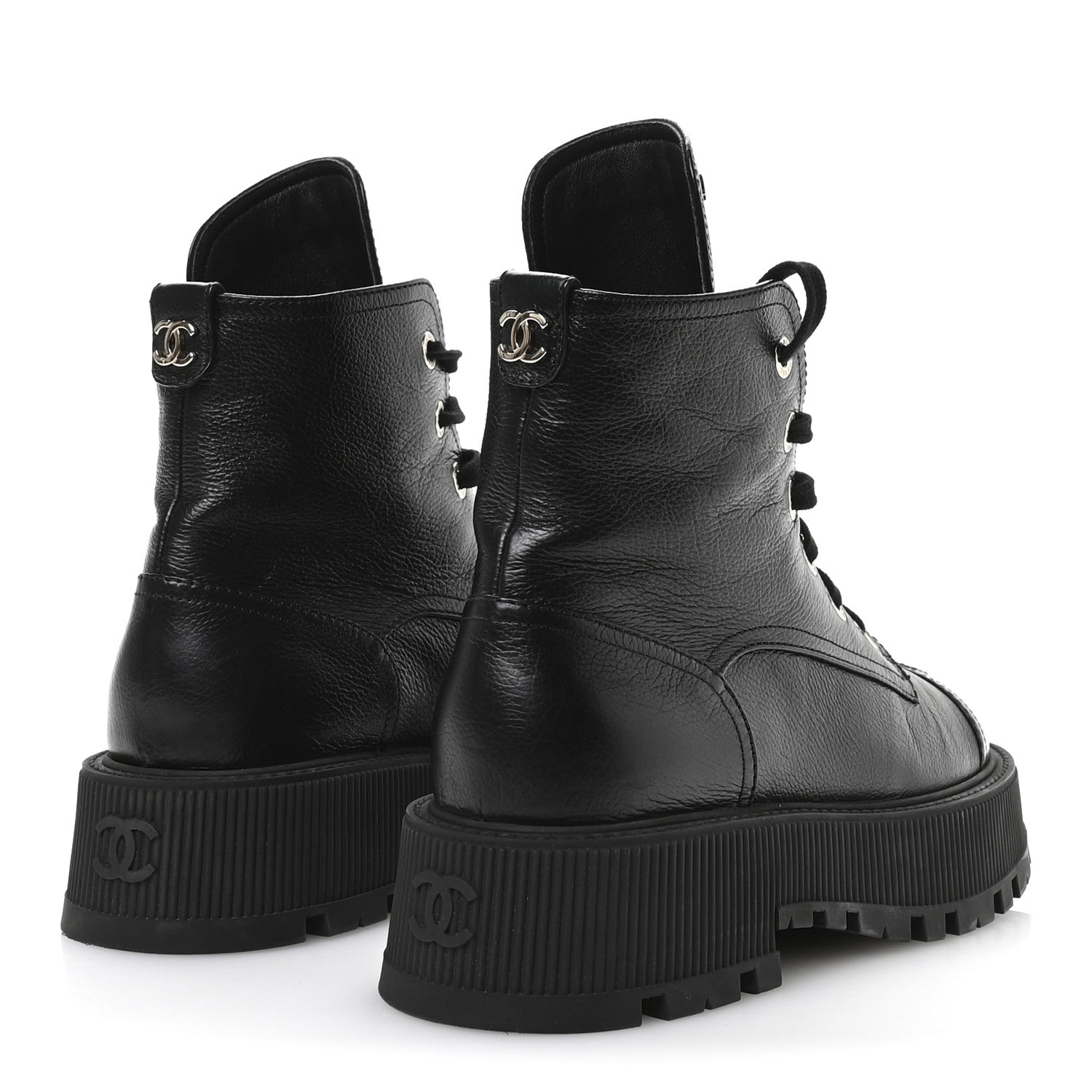 Chanel Grained Calfskin Shiny Calfskin CC Lace Up Combat Boots 39 Black 5 of 9