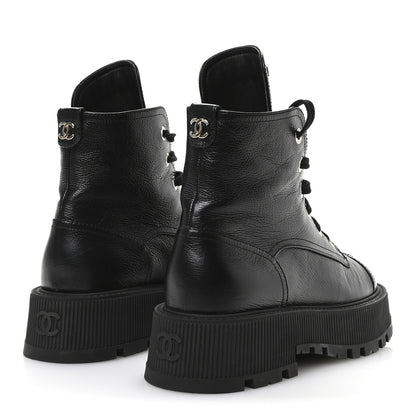 Chanel Grained Calfskin Shiny Calfskin CC Lace Up Combat Boots 39 Black 5 of 9