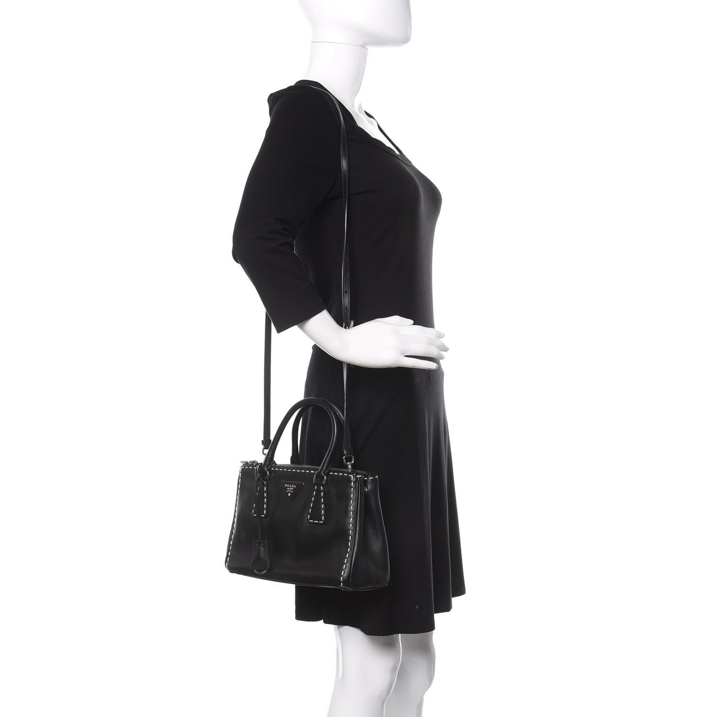 City Calf Mini Hand Stitched Galleria Double Zip Tote Black