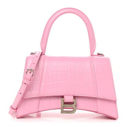 Balenciaga Shiny Calfskin Crocodile Embossed Hourglass Top Handle Bag XS Sweet Pink 1 of 12