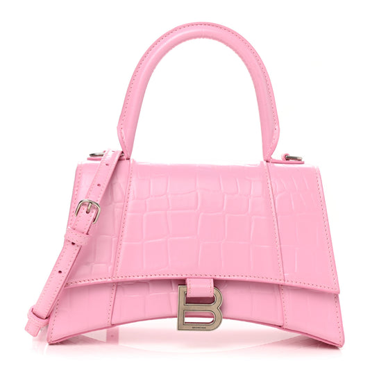 Shiny Calfskin Crocodile Embossed Hourglass Top Handle Bag XS Sweet Pink
