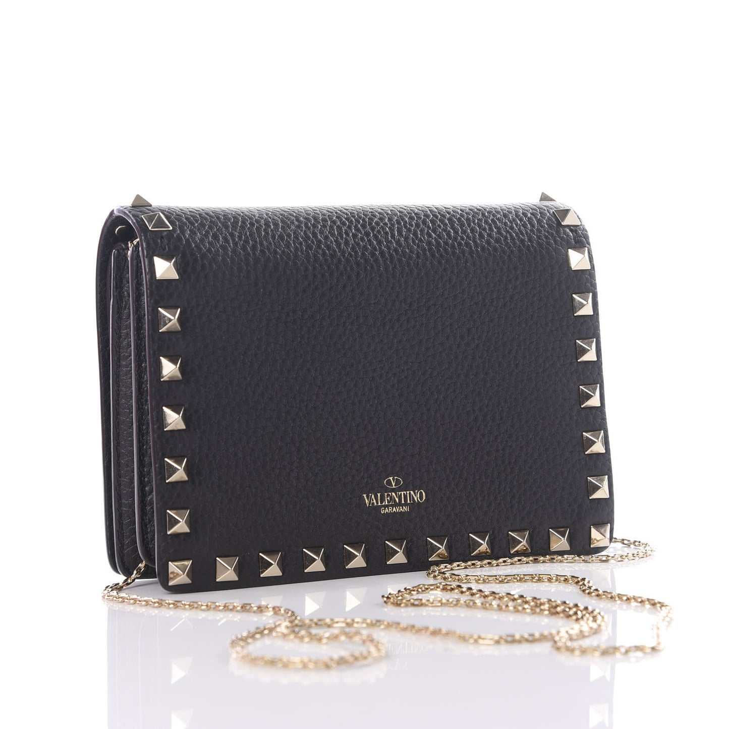 Pebbled Calfskin Rockstud Wallet on Chain Black