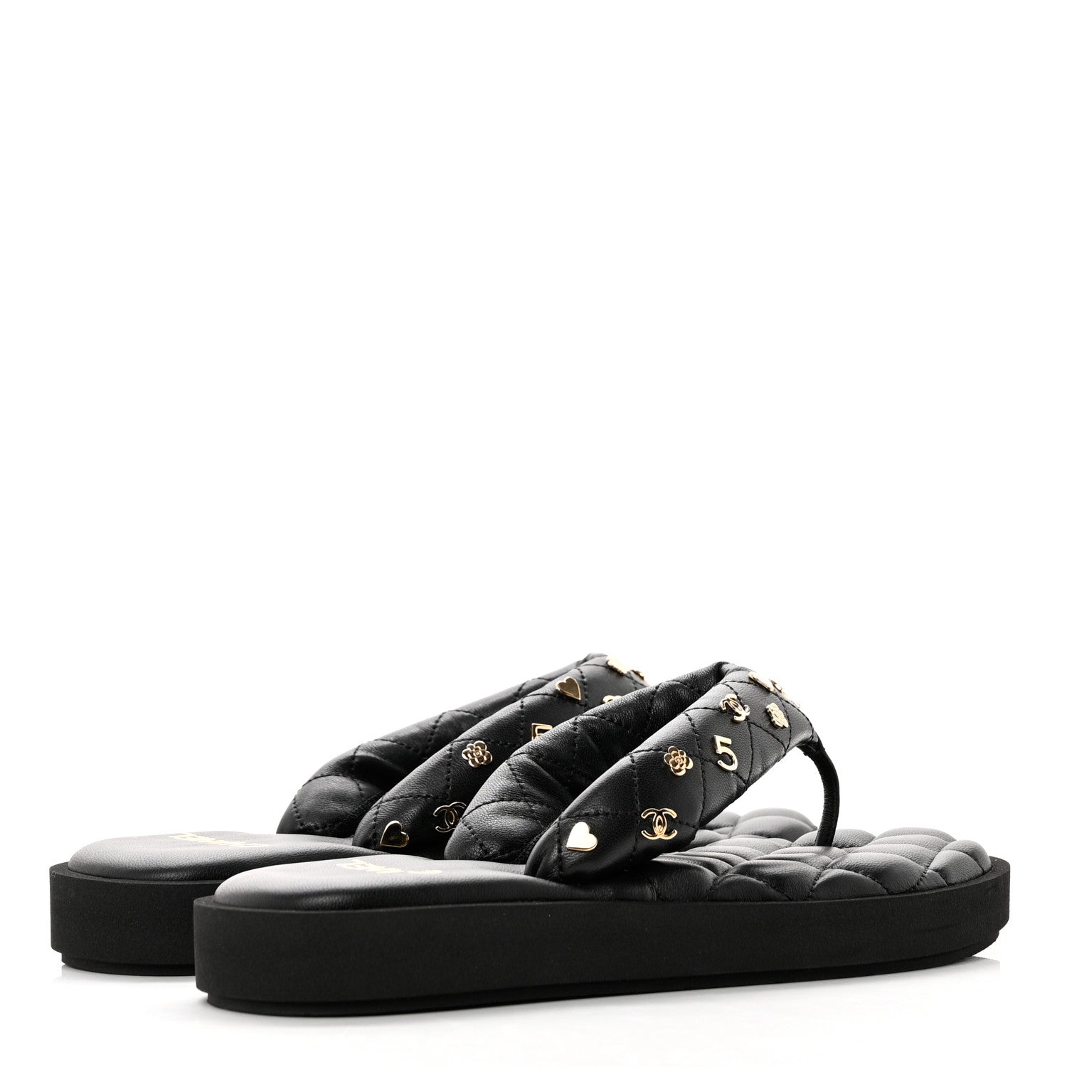 Chanel Lambskin Quilted Padded Charms Thong Sandals 37.5 Black 4 of 8