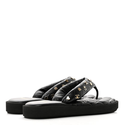 Chanel Lambskin Quilted Padded Charms Thong Sandals 37.5 Black 4 of 8