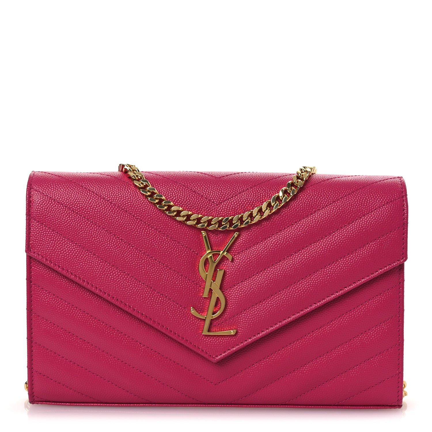 Saint Laurent Grain De Poudre Matelasse Chevron Monogram Chain Wallet Lipstick Fuchsia 1 of 11