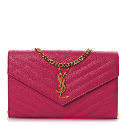 Saint Laurent Grain De Poudre Matelasse Chevron Monogram Chain Wallet Lipstick Fuchsia 1 of 11