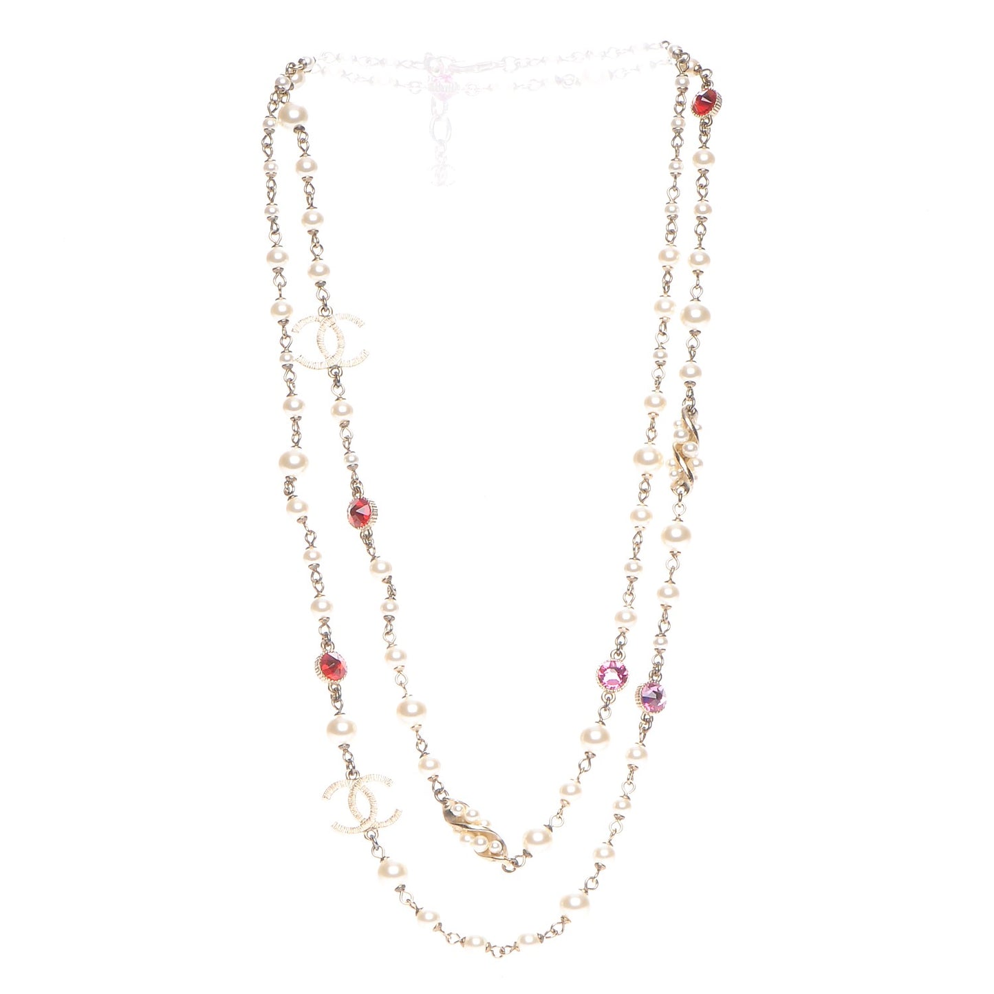Pearl Bead CC Long Necklace Gold Red Pink