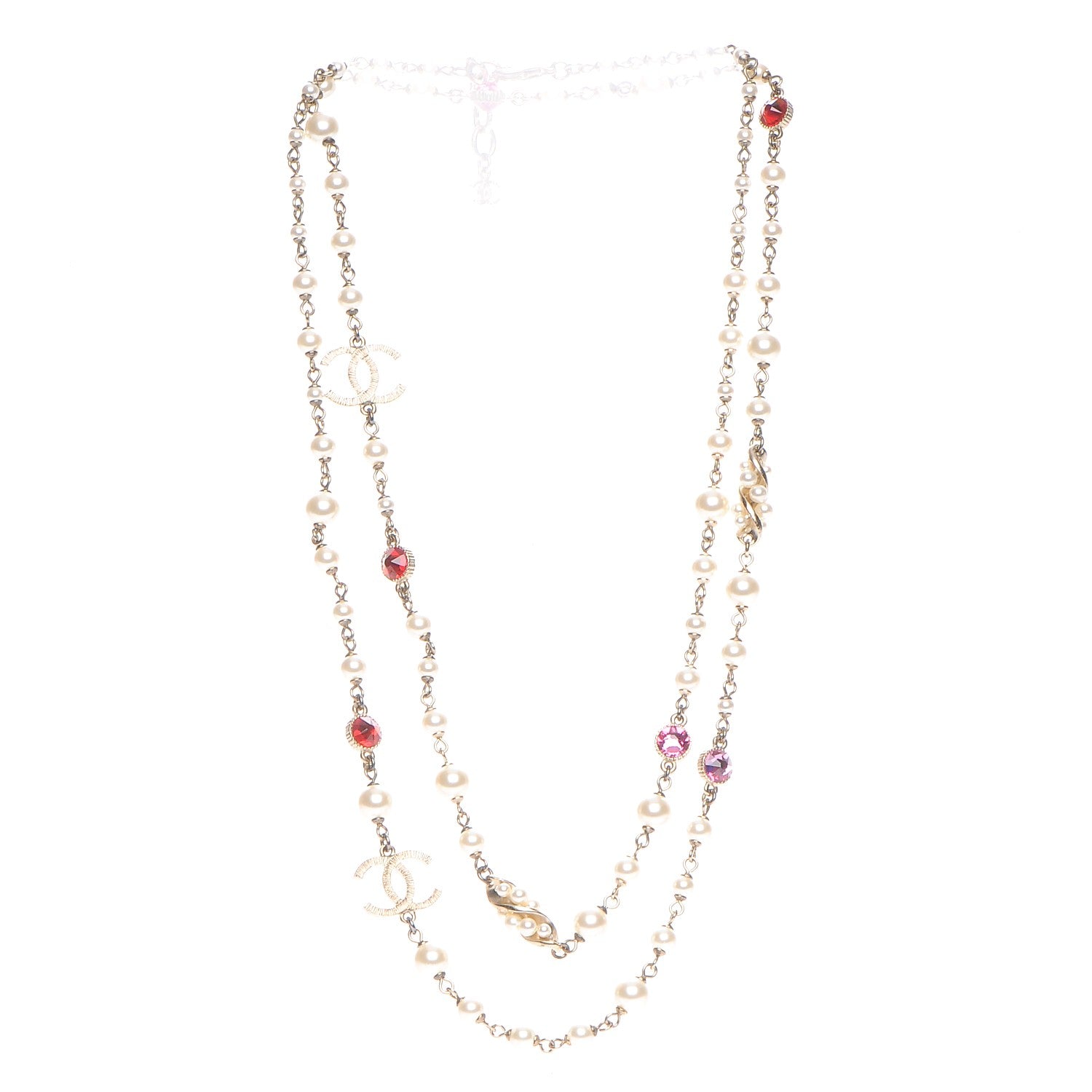 Chanel Pearl Bead CC Long Necklace Gold Red Pink 3 of 7