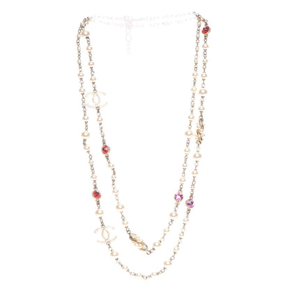 Chanel Pearl Bead CC Long Necklace Gold Red Pink 3 of 7