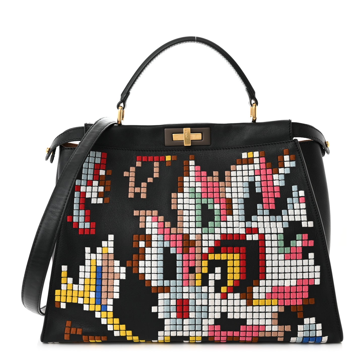 Calfskin Pixel Embroidered Large Peekaboo Iconic Satchel Black