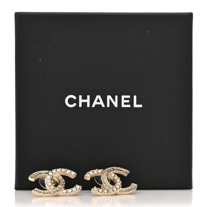 Chanel Textured Metal Crystal CC Earrings Gold 6 of 6