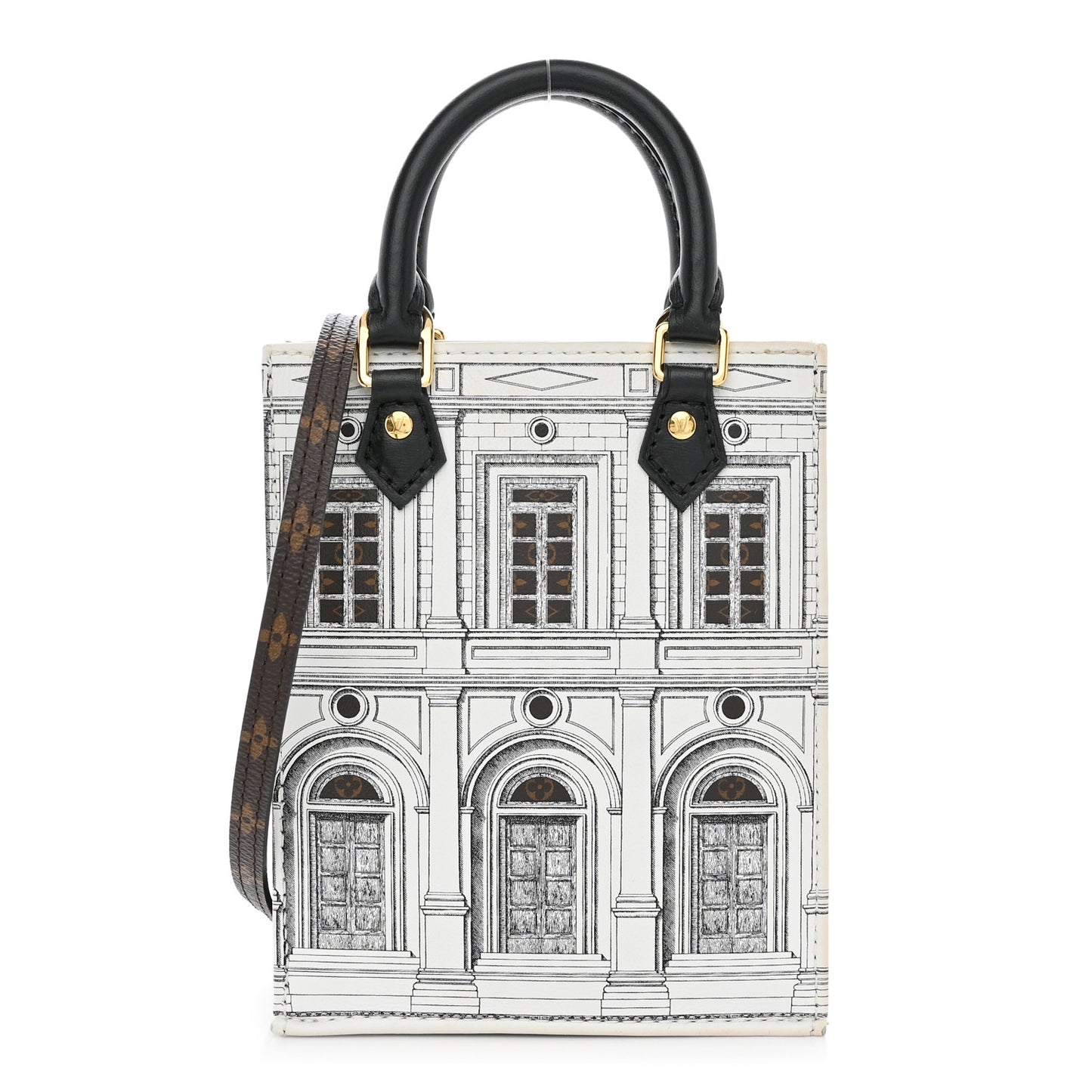 X FORNASETTI Calfskin Architettura Petit Sac Plat Black White