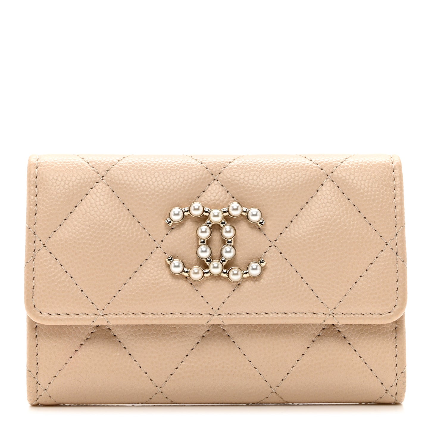 Caviar Pearl Quilted Coco Candy Flap Card Holder Beige