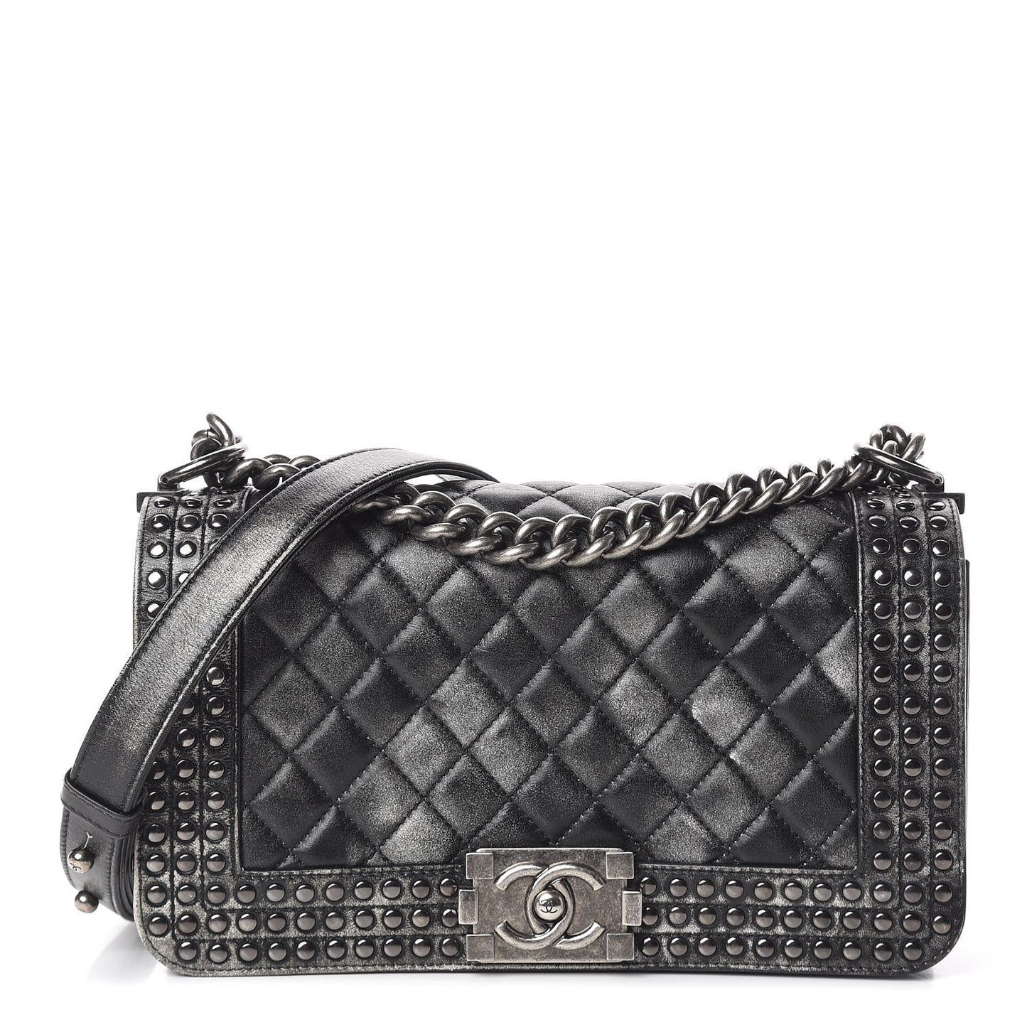 Faded Calfskin Quilted Medium Studded Boy Flap Black