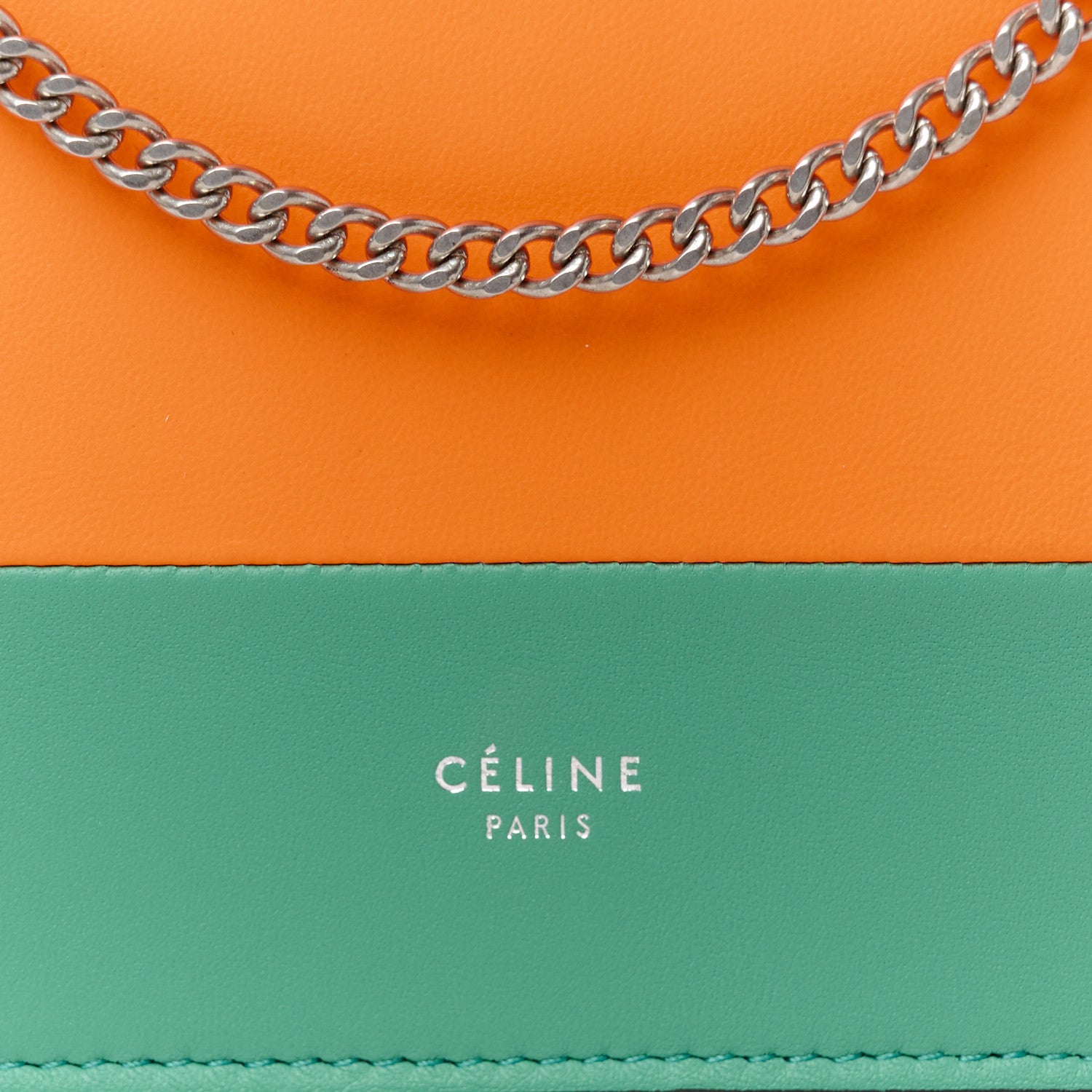 Celine Smooth Lambskin Frame Evening Chain Clutch Green Orange 7 of 9