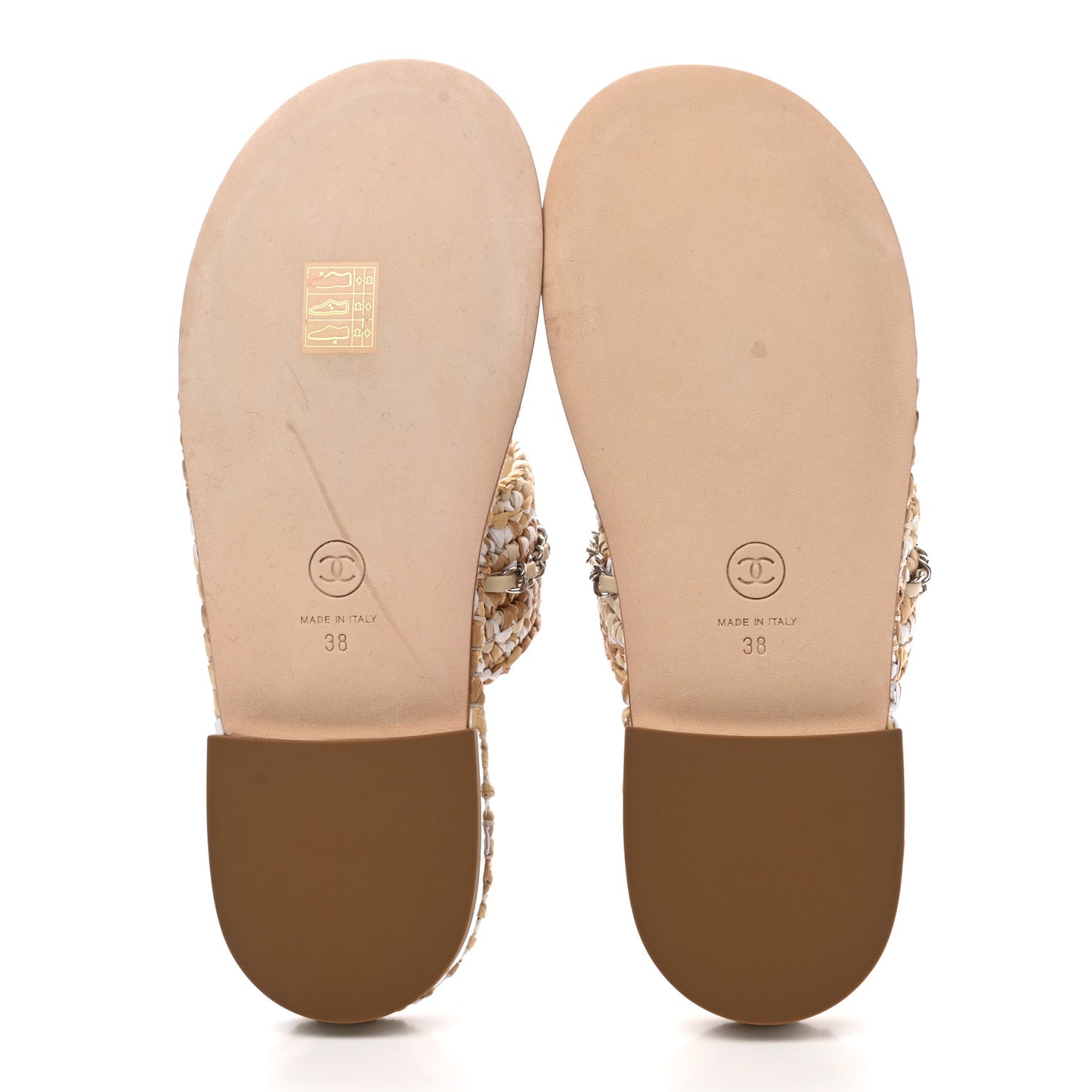 Raffia Lambskin Woven Chain CC Toe Ring Sandals 38 Beige White