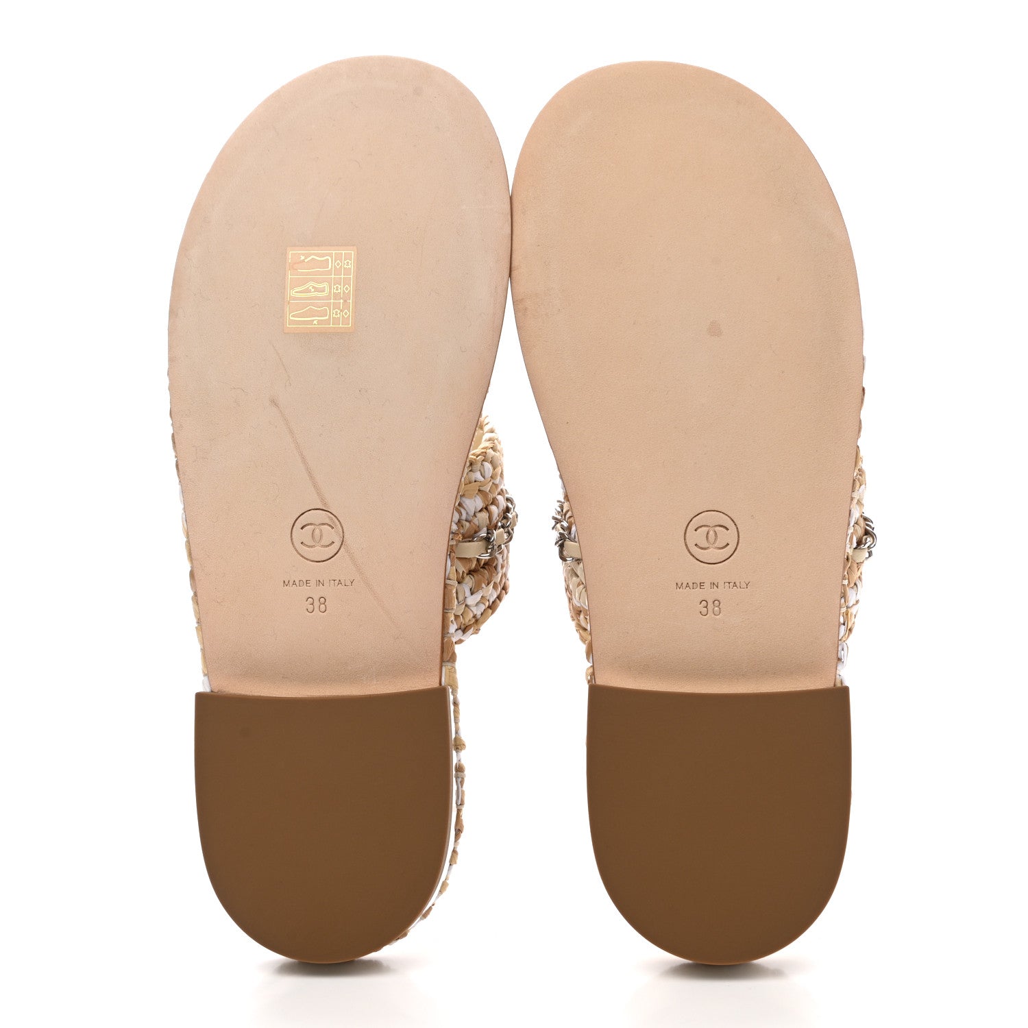 Chanel Raffia Lambskin Woven Chain CC Toe Ring Sandals 38 Beige White 6 of 9