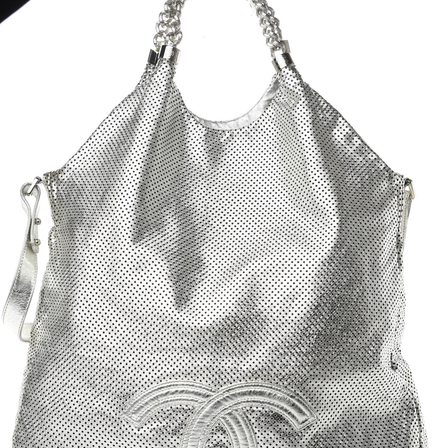 Metallic Glazed Calfskin Perforated Medium Rodeo Drive Tote Silver