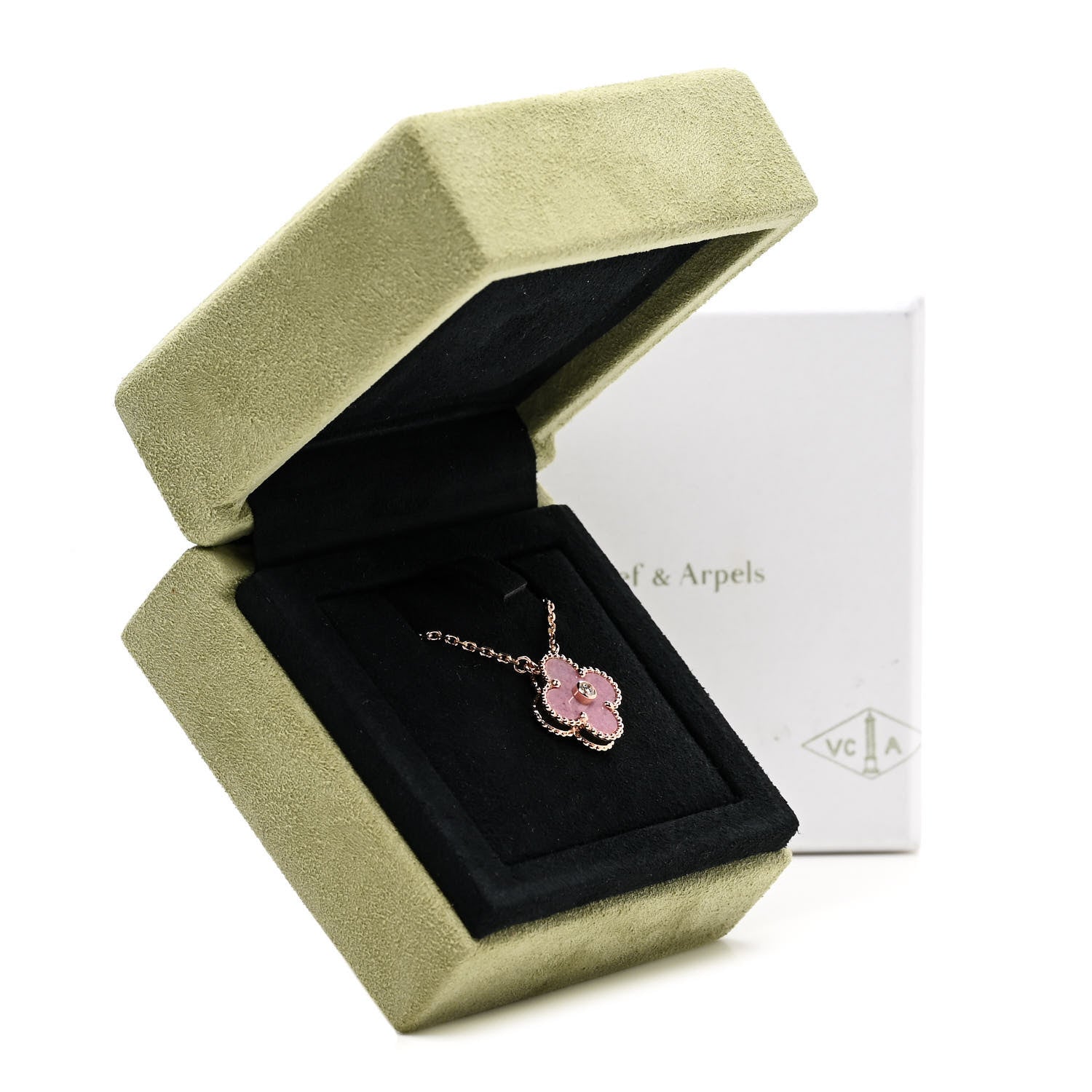 Van Cleef & Arpels 18K Rose Gold Diamond Rhodonite Vintage Alhambra Pendant Necklace 8 of 8
