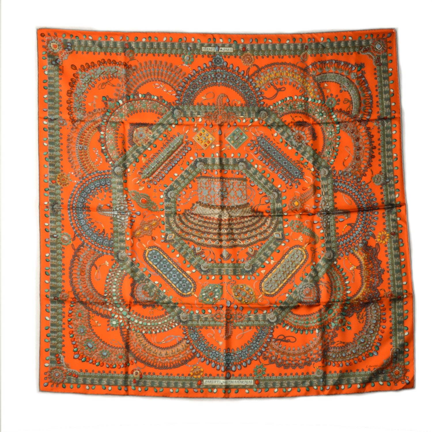 Hermes Silk Parures Des Maharajas Scarf 90 Orange Vert De Gris 1 of 8