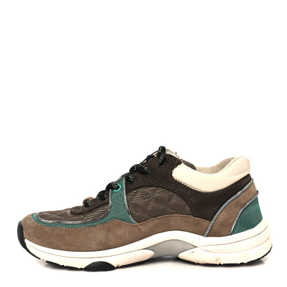 Chanel Nylon Calfskin Suede Womens CC Sneakers 37.5 Brown Green 1 of 11