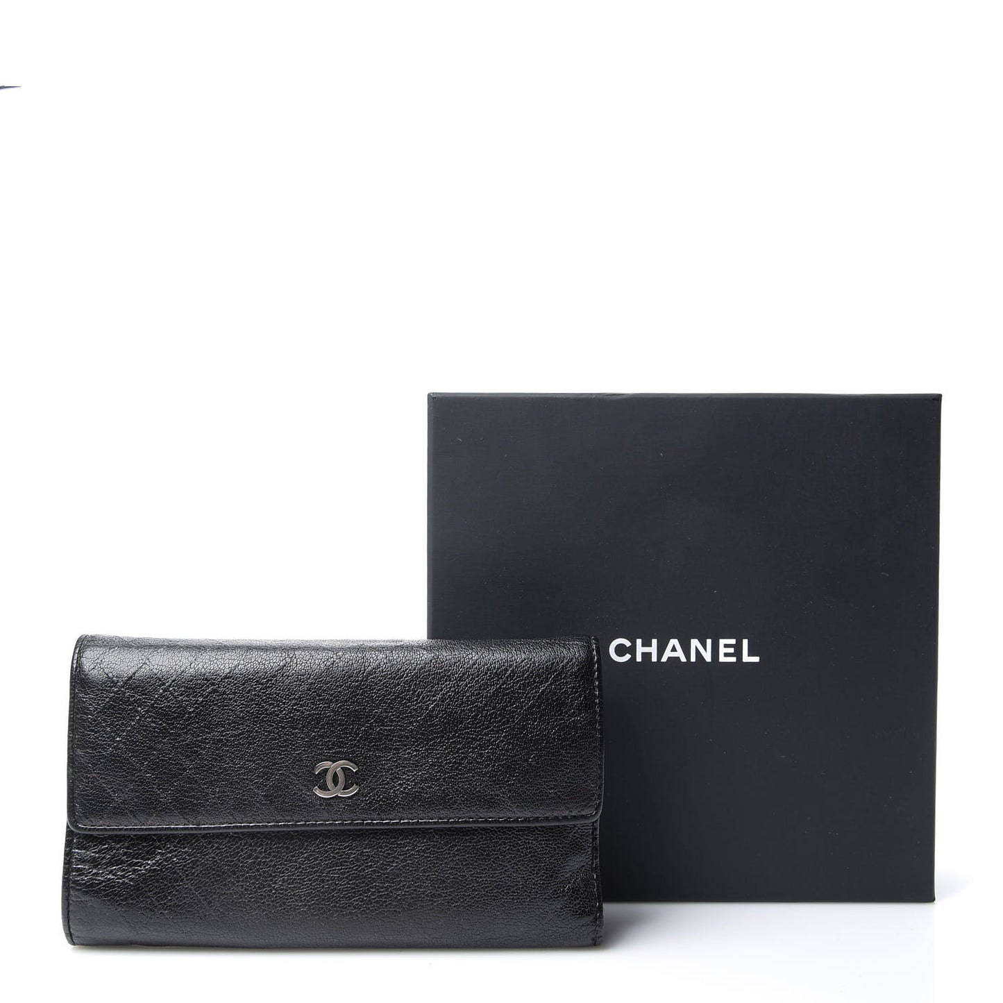 Calfskin Diamond Embossed Long Flap Wallet Black