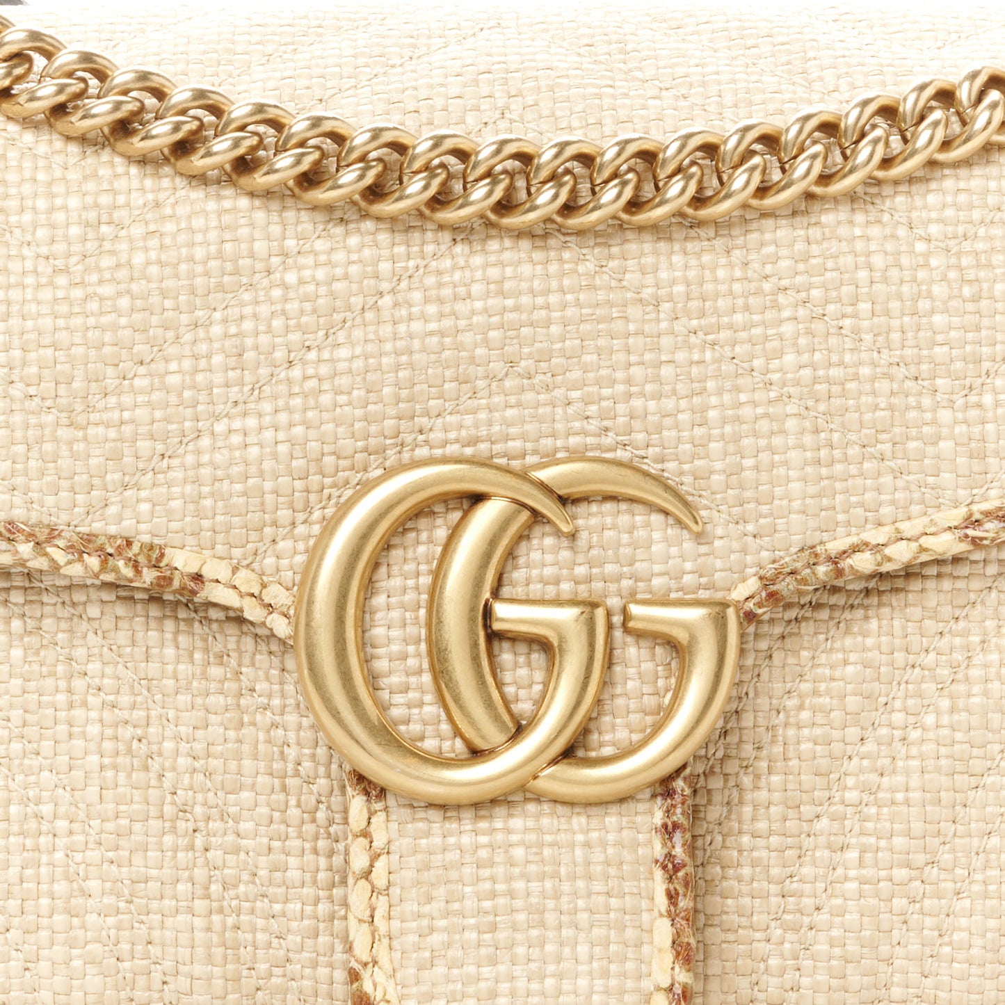 Raffia Elaphe Matelasse Small GG Marmont Shoulder Bag Natural Cream Brown