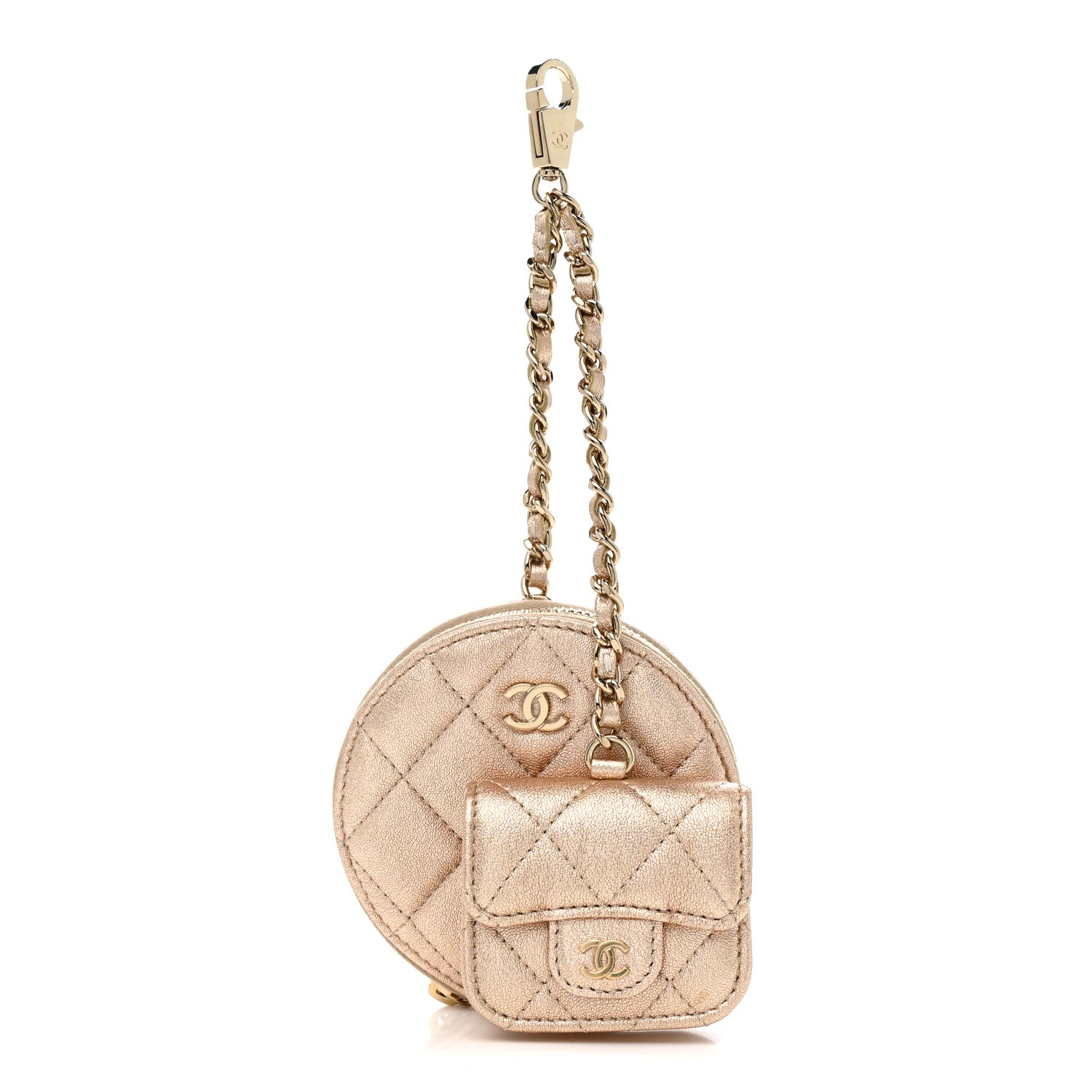 Chanel Metallic Lambskin Quilted Round Clip On Coin Purse Airpods Case Gold 1 of 9