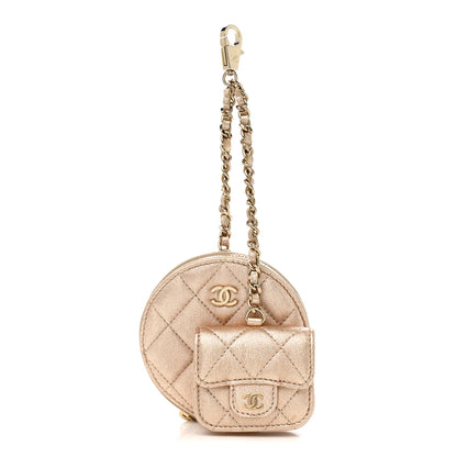 Chanel Metallic Lambskin Quilted Round Clip On Coin Purse Airpods Case Gold 1 of 9