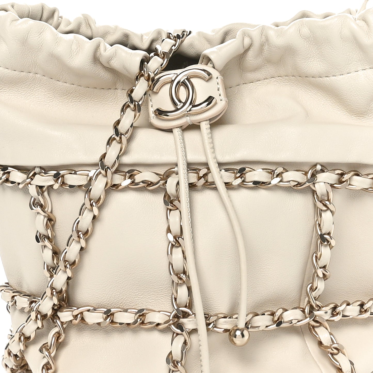 Lambskin Bucket Chain Drawstring Bag Beige