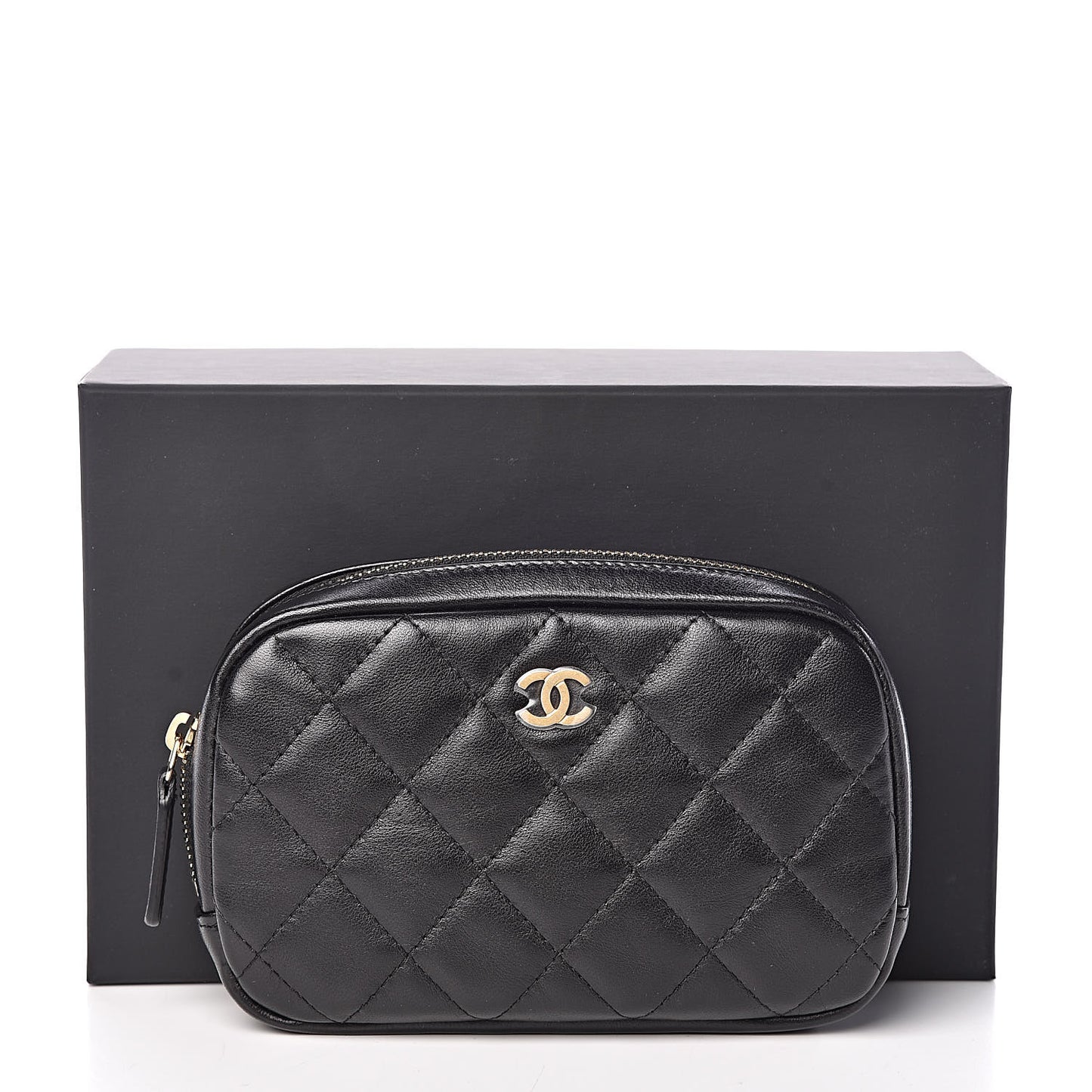 Lambskin Quilted Small Curvy Pouch Cosmetic Case Black