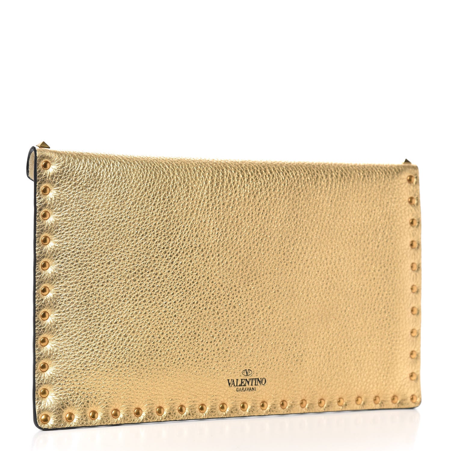 Valentino Garavani Metallic Pebbled Calfskin Large Rockstud Envelope Clutch Gold 3 of 8