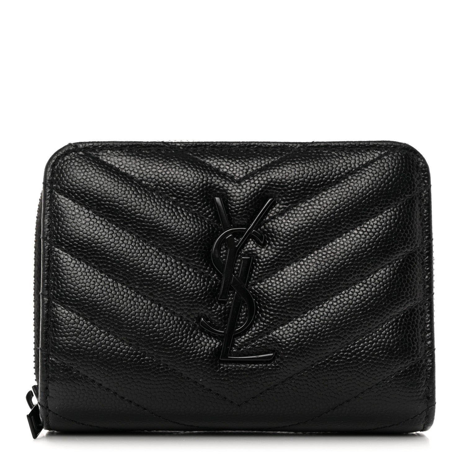 Saint Laurent Grain De Poudre Matelasse Chevron Monogram Monochrome Compact Zip Around Wallet Black 1 of 8