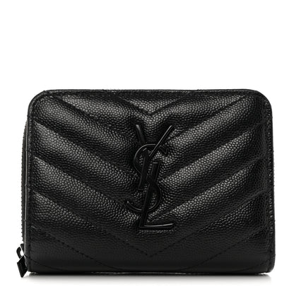 Saint Laurent Grain De Poudre Matelasse Chevron Monogram Monochrome Compact Zip Around Wallet Black 1 of 8