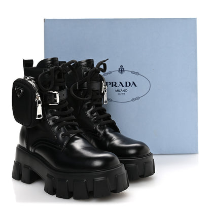Prada Spazzolato Rois Re-Nylon Metal Triangle Logo Monolith Pouch Pocket 55mm Boots 35.5 Black 9 of 9