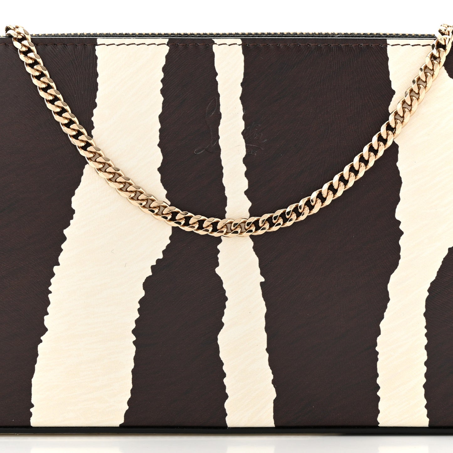 Calfskin Zebra Print Loubila Chain Clutch Dark Brown