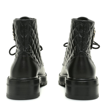 Chanel Shiny Goatskin Calfskin Quilted Lace Up Combat Boots 40 Black 5 of 9