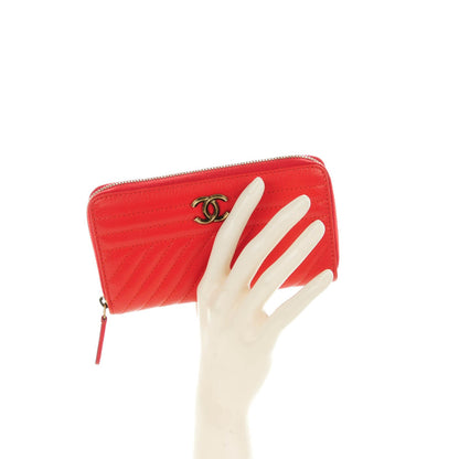 Chanel Shiny Goatskin Diagonal Quilted Small Zip Around Wallet Red 2 of 8