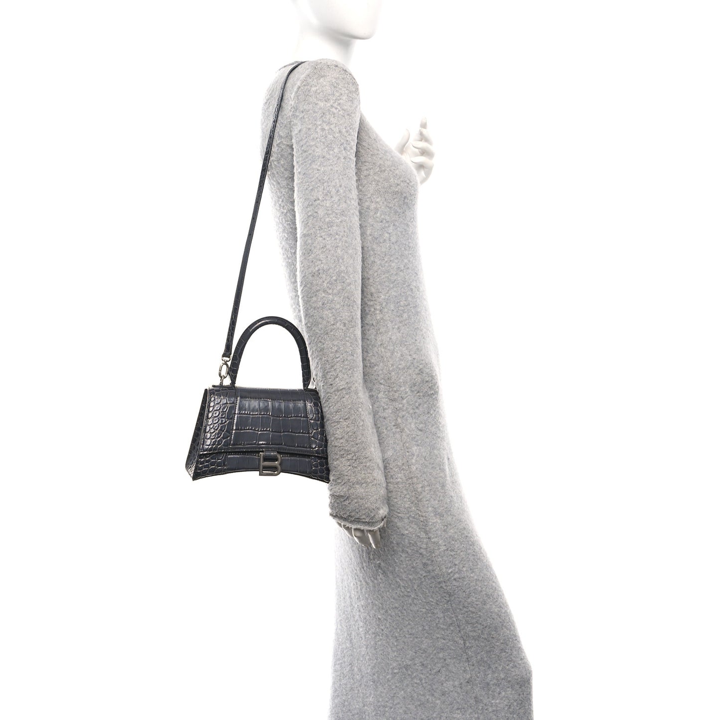 Shiny Calfskin Crocodile Embossed Small Hourglass Top Handle Bag Dark Grey